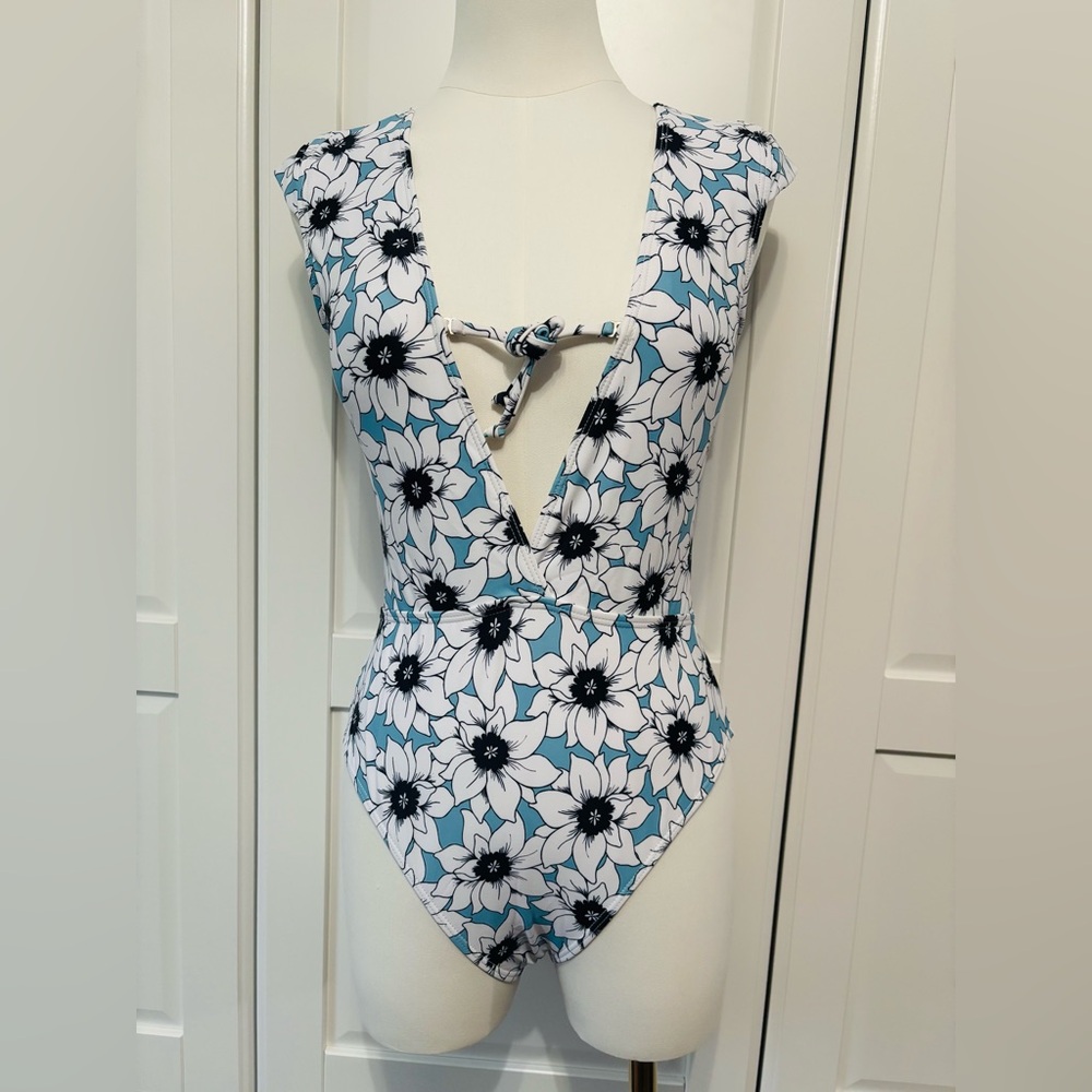 Blue Floral One-Piece Swimsuit with Deep V in Sizes S, M, L, XL